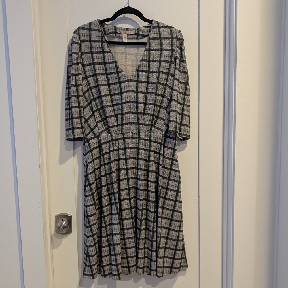 Hutch Purple Green Plaid V-Neck Shift Dress